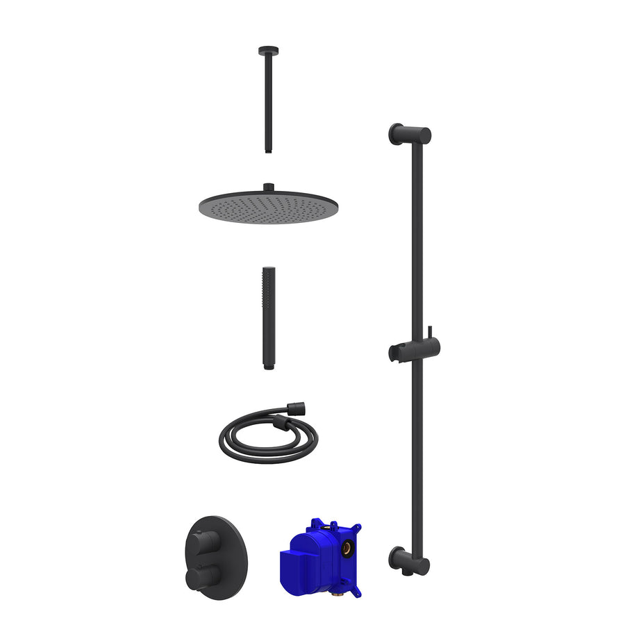 IVY Regendoucheset inbouwthermostaatkraan met 2-weg stop-omstel, plafondbuis 30cm, R30cmME, glijstang met uitlaat, doucheslang 150cm en staafmodel – Mat zwart PED