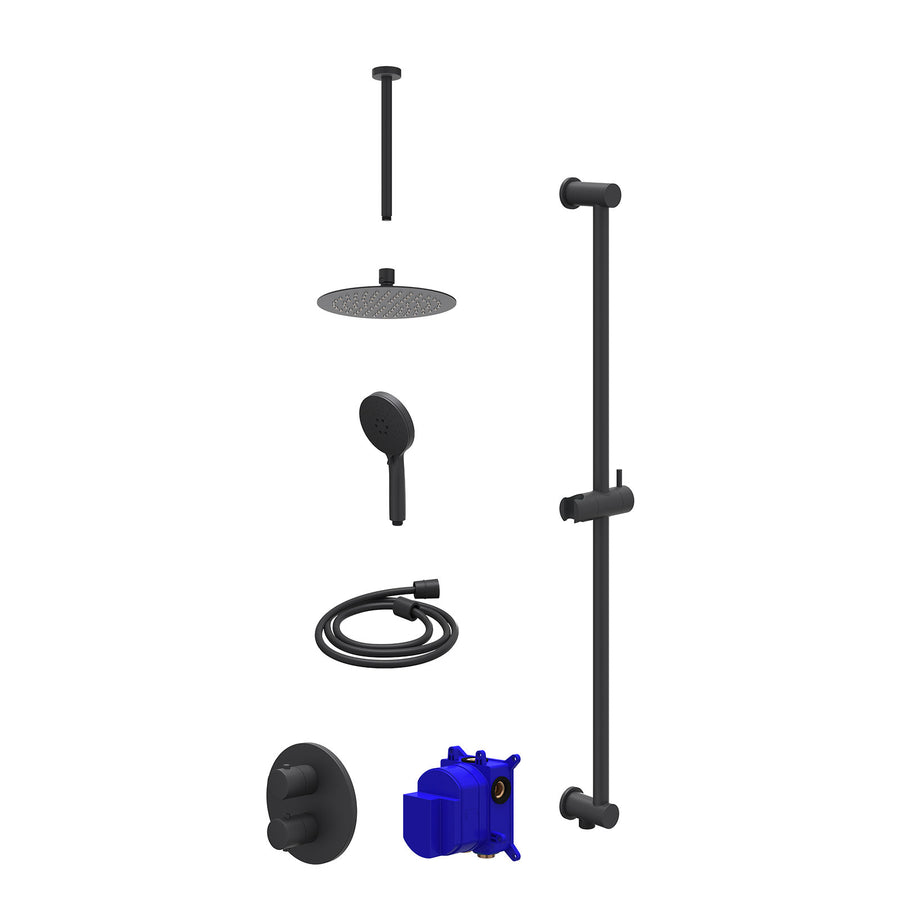 IVY Regendoucheset inbouwthermostaatkraan met 2-weg stop-omstel, plafondbuis 30cm, R20cmSL, glijstang met uitlaat, doucheslang 150cm en 3-standen handdouche – Mat zwart PED