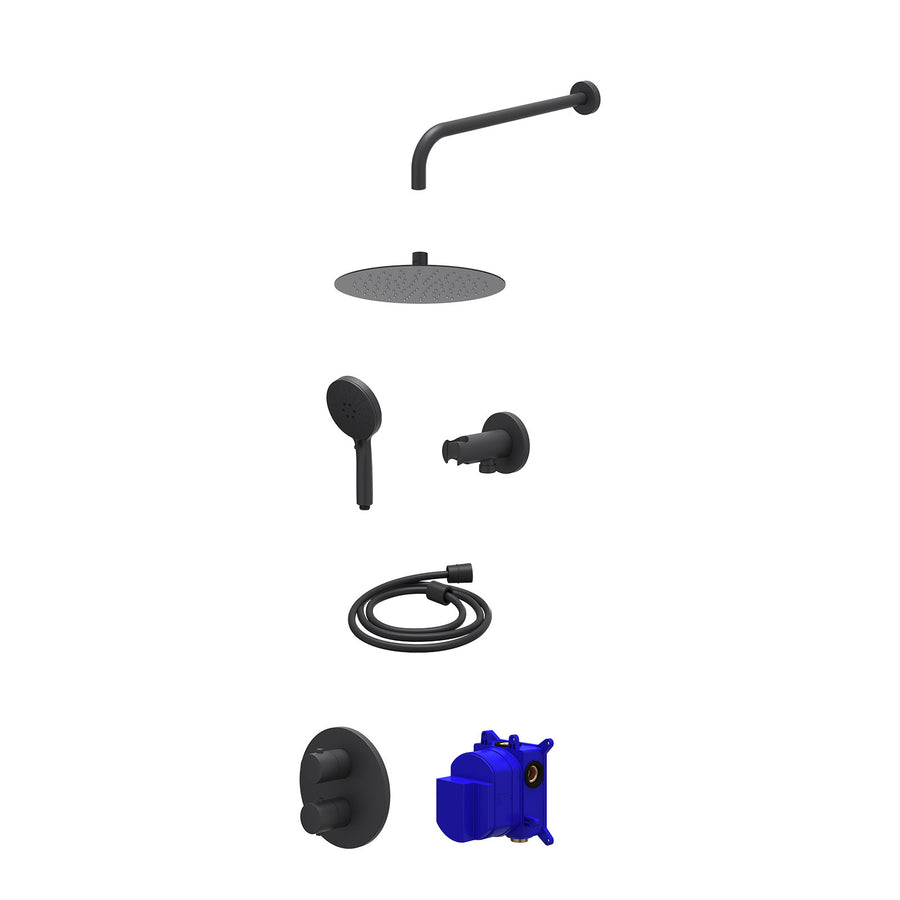 IVY Regendoucheset inbouwthermostaatkraan met 2-weg stop-omstel, wandarm, R25cmSL, houder met uitlaat, doucheslang 150cm en 3-standen handdouche – Mat zwart PED