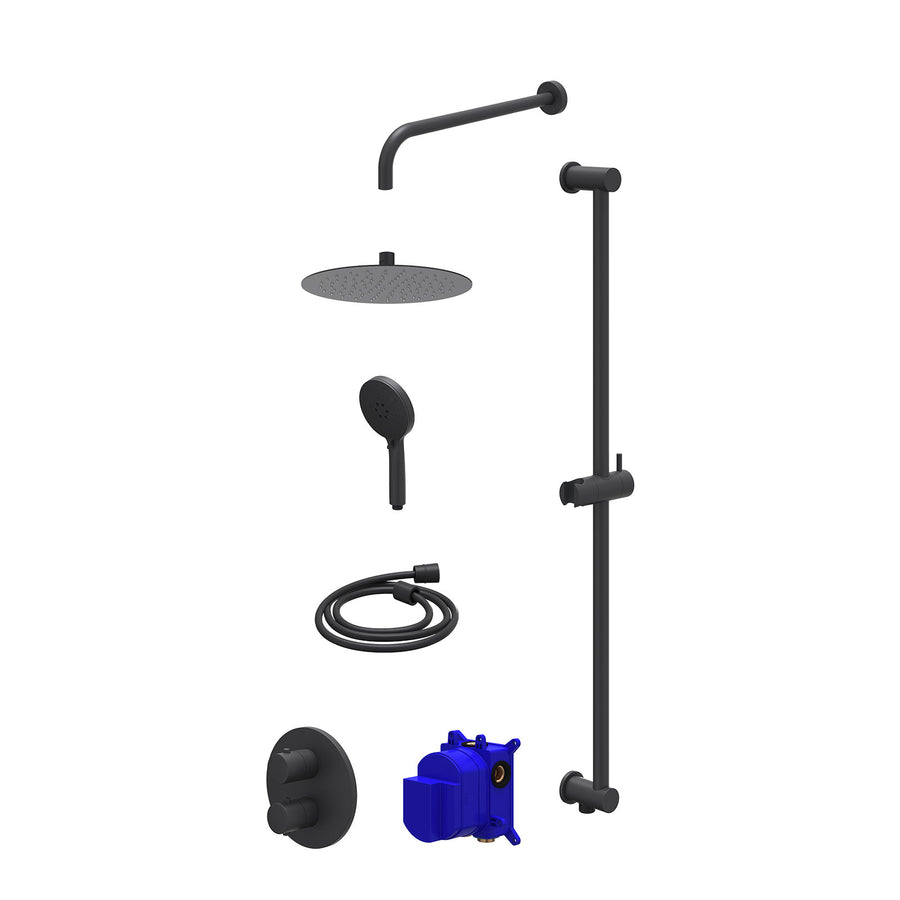 IVY Regendoucheset inbouwthermostaatkraan met 2-weg stop-omstel, wandarm, R25cmSL, glijstang met uitlaat, doucheslang 150cm en 3-standen handdouche – Mat zwart PED