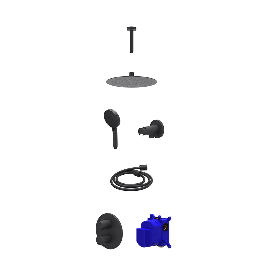 IVY Regendoucheset inbouwthermostaatkraan met 2-weg stop-omstel, plafondbuis 15cm, R25cmSL, houder met uitlaat, doucheslang 150cm en 3-standen handdouche – Mat zwart PED