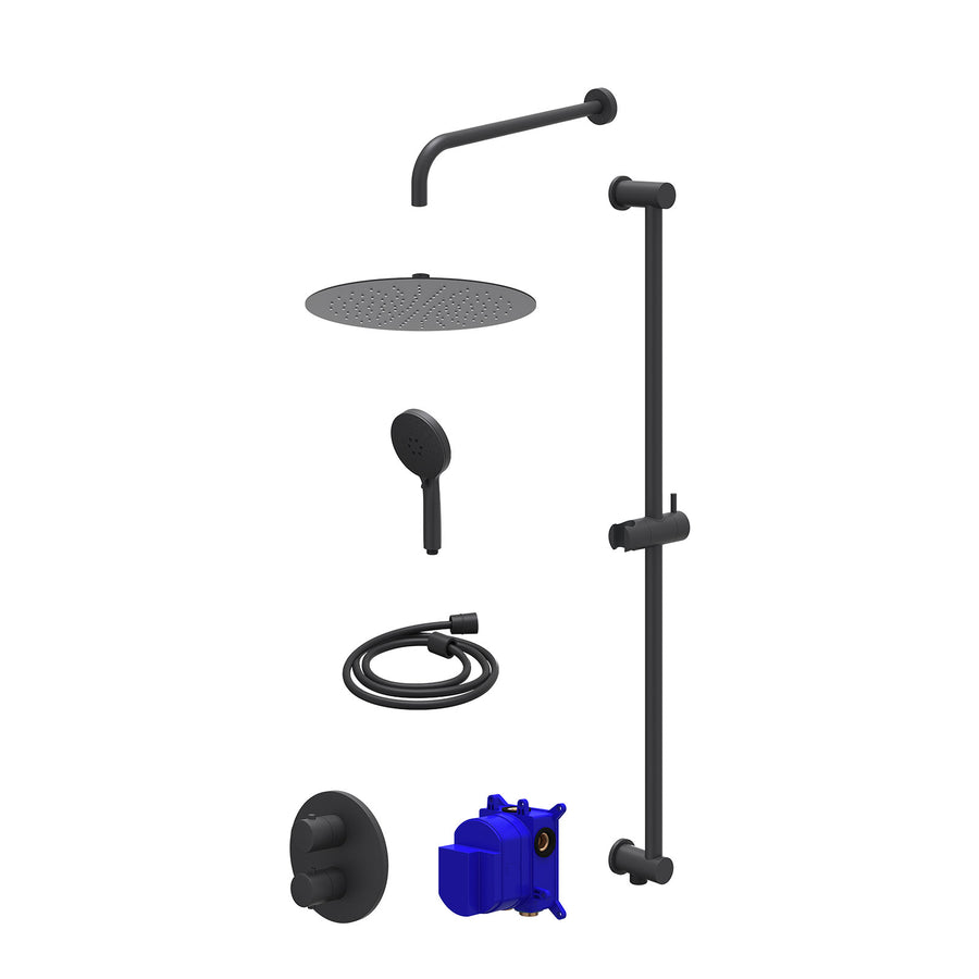 IVY Regendoucheset inbouwthermostaatkraan met 2-weg stop-omstel, wandarm, R30cmSL, glijstang met uitlaat, doucheslang 150cm en 3-standen handdouche – Mat zwart PED
