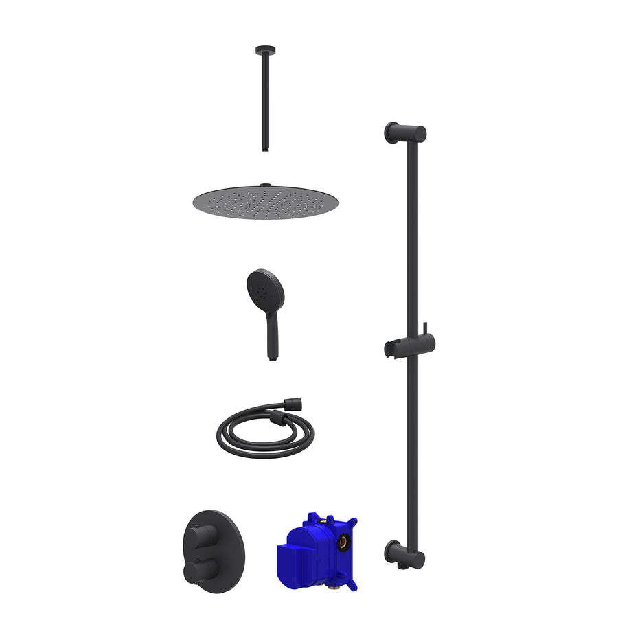 IVY Regendoucheset inbouwthermostaatkraan met 2-weg stop-omstel, plafondbuis 30cm, R30cmSL, glijstang met uitlaat, doucheslang 150cm en 3-standen handdouche – Mat zwart PED