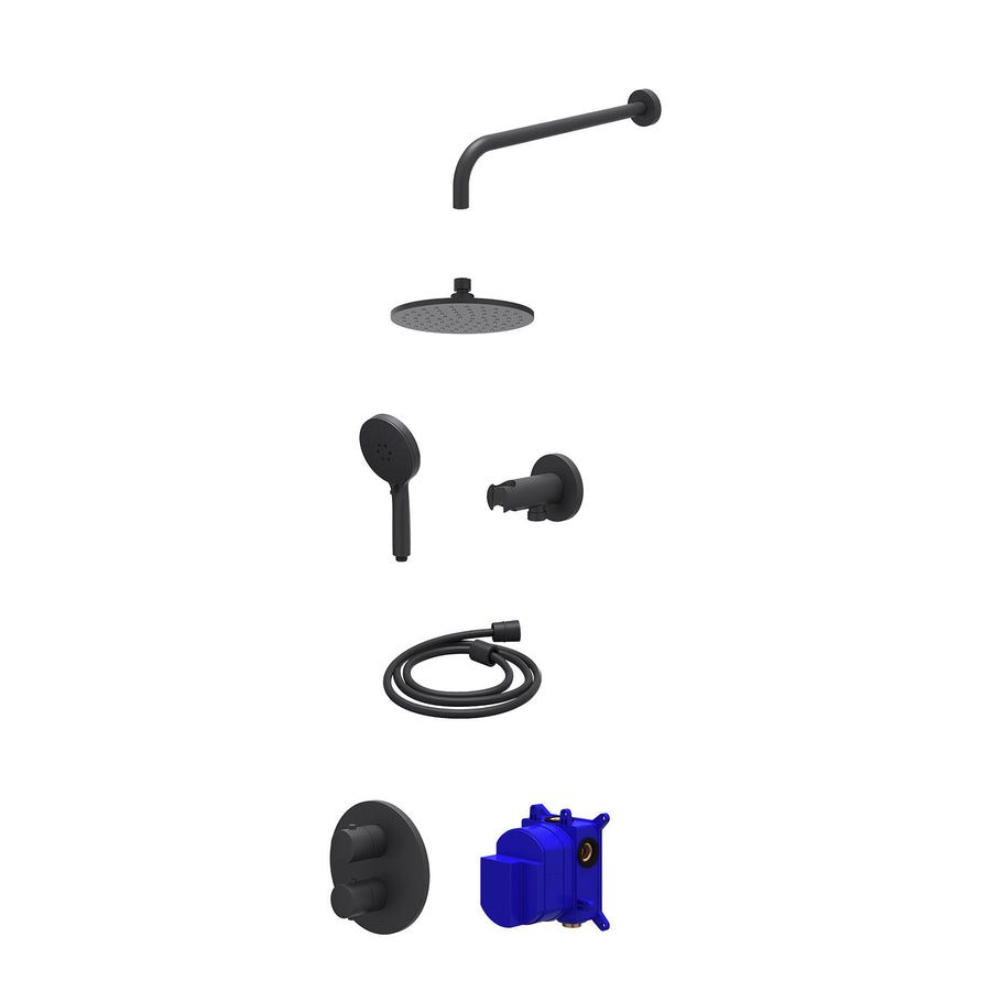 IVY Regendoucheset inbouwthermostaatkraan met 2-weg stop-omstel, wandarm, R20cmME, houder met uitlaat, doucheslang 150cm en 3-standen handdouche – Mat zwart PED