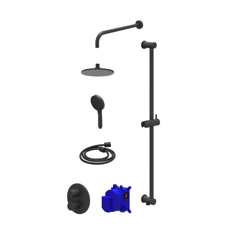 IVY Regendoucheset inbouwthermostaatkraan met 2-weg stop-omstel, wandarm, R20cmME, glijstang met uitlaat, doucheslang 150cm en 3-standen handdouche – Mat zwart PED