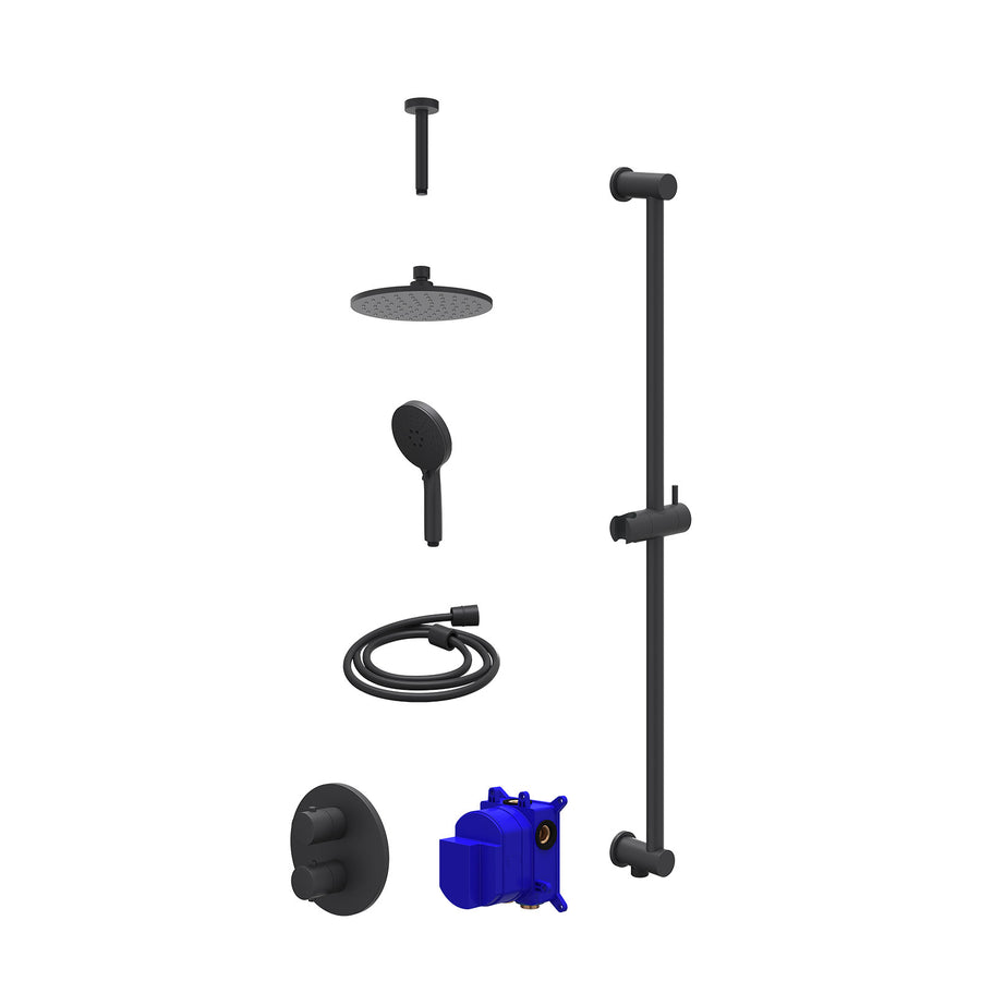 IVY Regendoucheset inbouwthermostaatkraan met 2-weg stop-omstel, plafondbuis 15cm, R20cmME, glijstang met uitlaat, doucheslang 150cm en 3-standen handdouche – Mat zwart PED