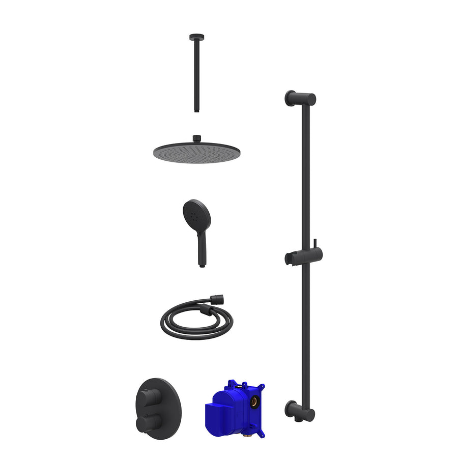 IVY Regendoucheset inbouwthermostaatkraan met 2-weg stop-omstel, plafondbuis 30cm, R25cmME, glijstang met uitlaat, doucheslang 150cm en 3-standen handdouche – Mat zwart PED