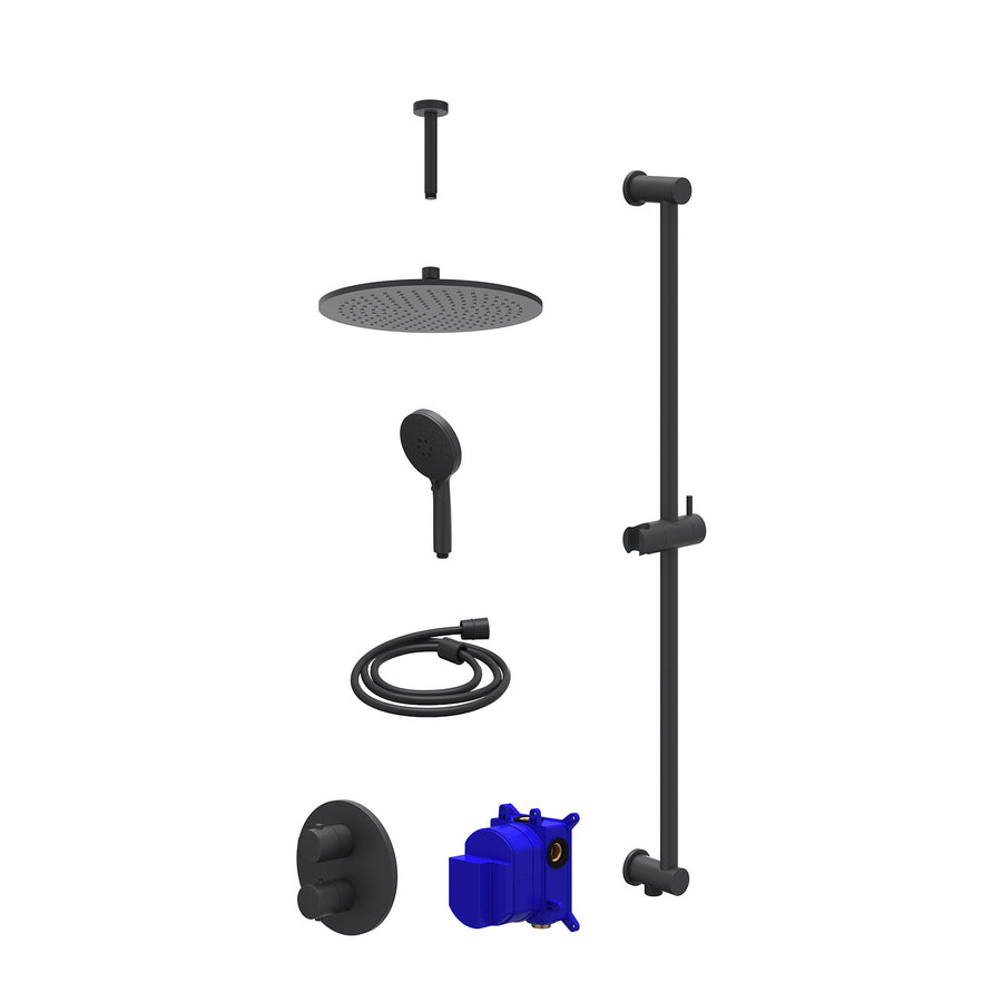 IVY Regendoucheset inbouwthermostaatkraan met 2-weg stop-omstel, plafondbuis 15cm, R30cmME, glijstang met uitlaat, doucheslang 150cm en 3-standen handdouche – Mat zwart PED