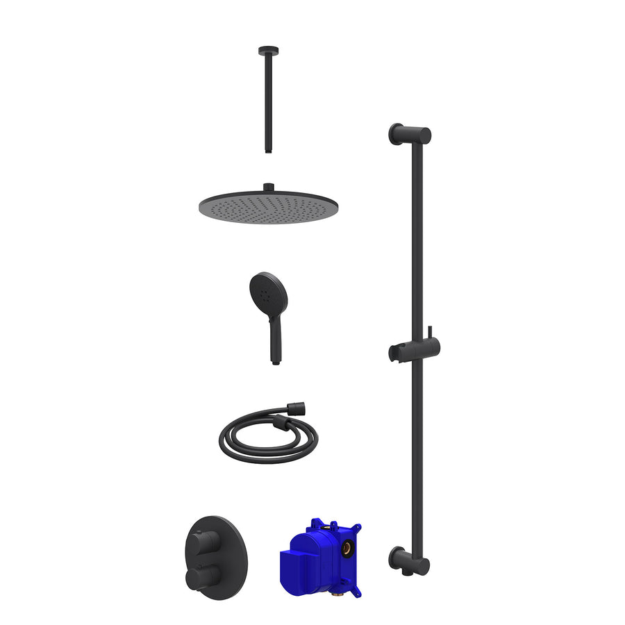 IVY Regendoucheset inbouwthermostaatkraan met 2-weg stop-omstel, plafondbuis 30cm, R30cmME, glijstang met uitlaat, doucheslang 150cm en 3-standen handdouche – Mat zwart PED