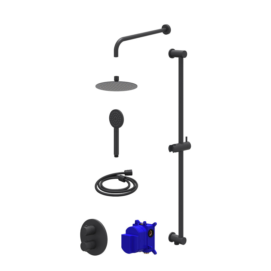 IVY Regendoucheset inbouwthermostaatkraan met 2-weg stop-omstel, wandarm, R20cmSL, glijstang met uitlaat, doucheslang 150cm en satin spray handdouche – Mat zwart PED