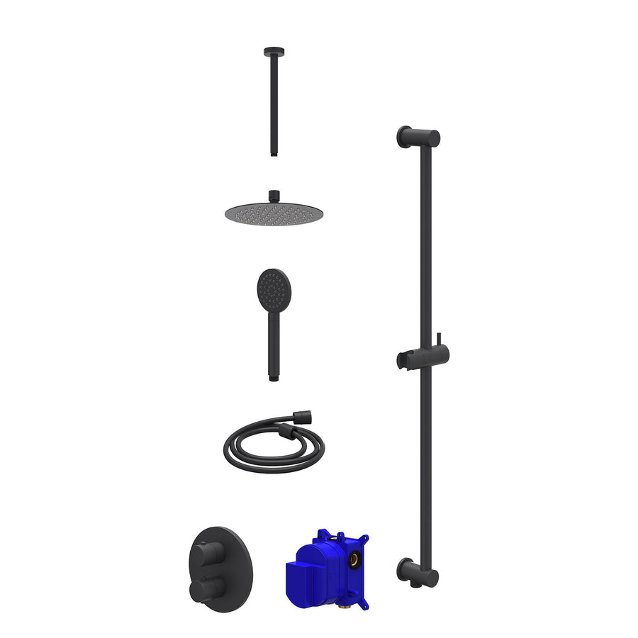IVY Regendoucheset inbouwthermostaatkraan met 2-weg stop-omstel, plafondbuis 30cm, R20cmSL, glijstang met uitlaat, doucheslang 150cm en satin spray handdouche – Mat zwart PED