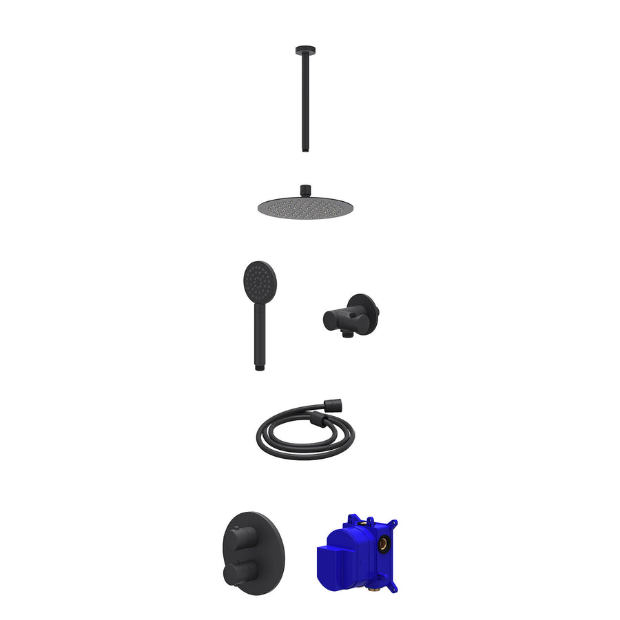 IVY Regendoucheset inbouwthermostaatkraan met 2-weg stop-omstel, plafondbuis 30cm, R20cmSL, verstelbare steun met geïnt. uitlaat, doucheslang 150cm en satin spray handdouche – Mat 