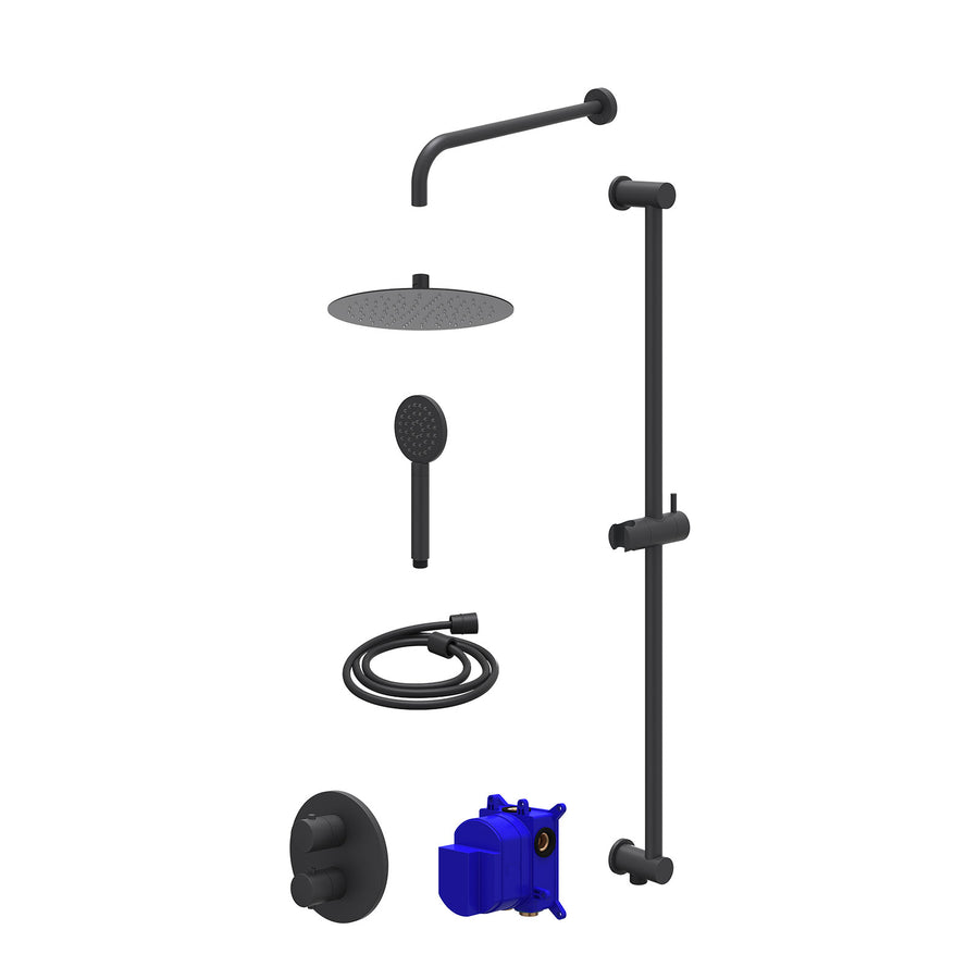 IVY Regendoucheset inbouwthermostaatkraan met 2-weg stop-omstel, wandarm, R25cmSL, glijstang met uitlaat, doucheslang 150cm en satin spray handdouche – Mat zwart PED
