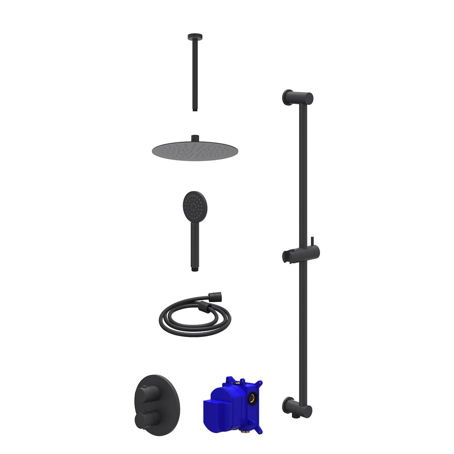 IVY Regendoucheset inbouwthermostaatkraan met 2-weg stop-omstel, plafondbuis 30cm, R25cmSL, glijstang met uitlaat, doucheslang 150cm en satin spray handdouche – Mat zwart PED