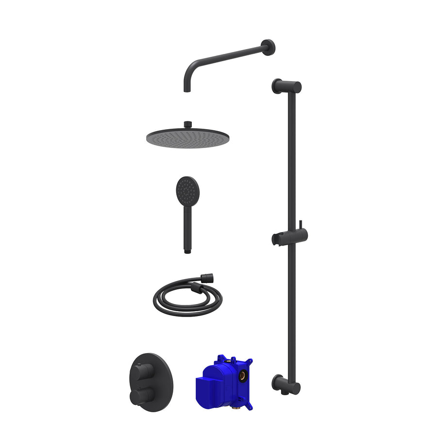IVY Regendoucheset inbouwthermostaatkraan met 2-weg stop-omstel, wandarm, R25cmME, glijstang met uitlaat, doucheslang 150cm en satin spray handdouche – Mat zwart PED