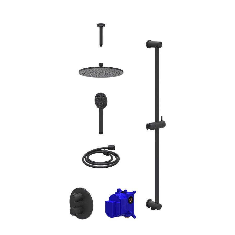 IVY Regendoucheset inbouwthermostaatkraan met 2-weg stop-omstel, plafondbuis 15cm, R25cmME, glijstang met uitlaat, doucheslang 150cm en satin spray handdouche – Mat zwart PED
