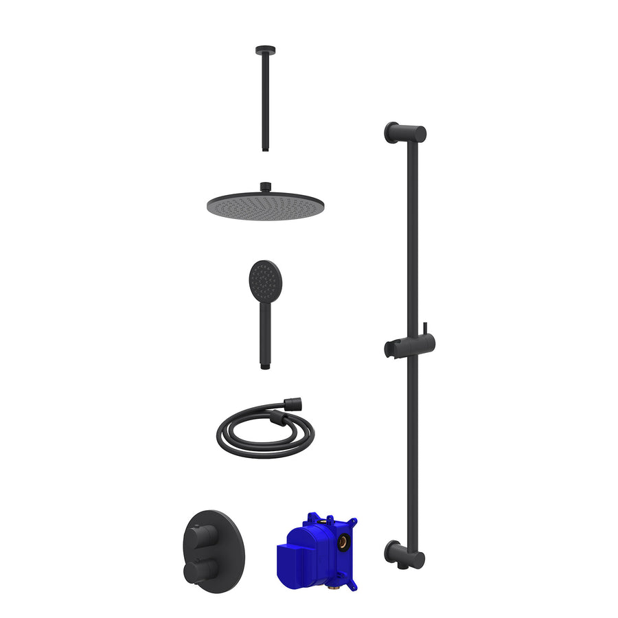 IVY Regendoucheset inbouwthermostaatkraan met 2-weg stop-omstel, plafondbuis 30cm, R25cmME, glijstang met uitlaat, doucheslang 150cm en satin spray handdouche – Mat zwart PED