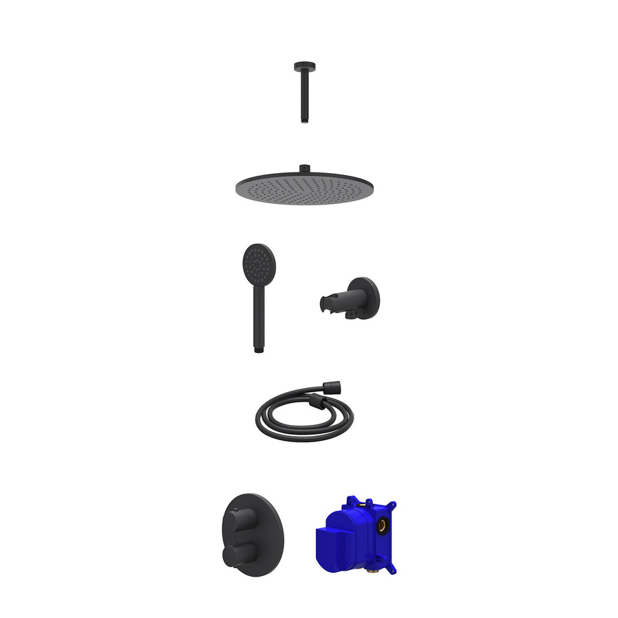 IVY Regendoucheset inbouwthermostaatkraan met 2-weg stop-omstel, plafondbuis 15cm, R30cmME, houder met uitlaat, doucheslang 150cm en satin spray handdouche – Mat zwart PED