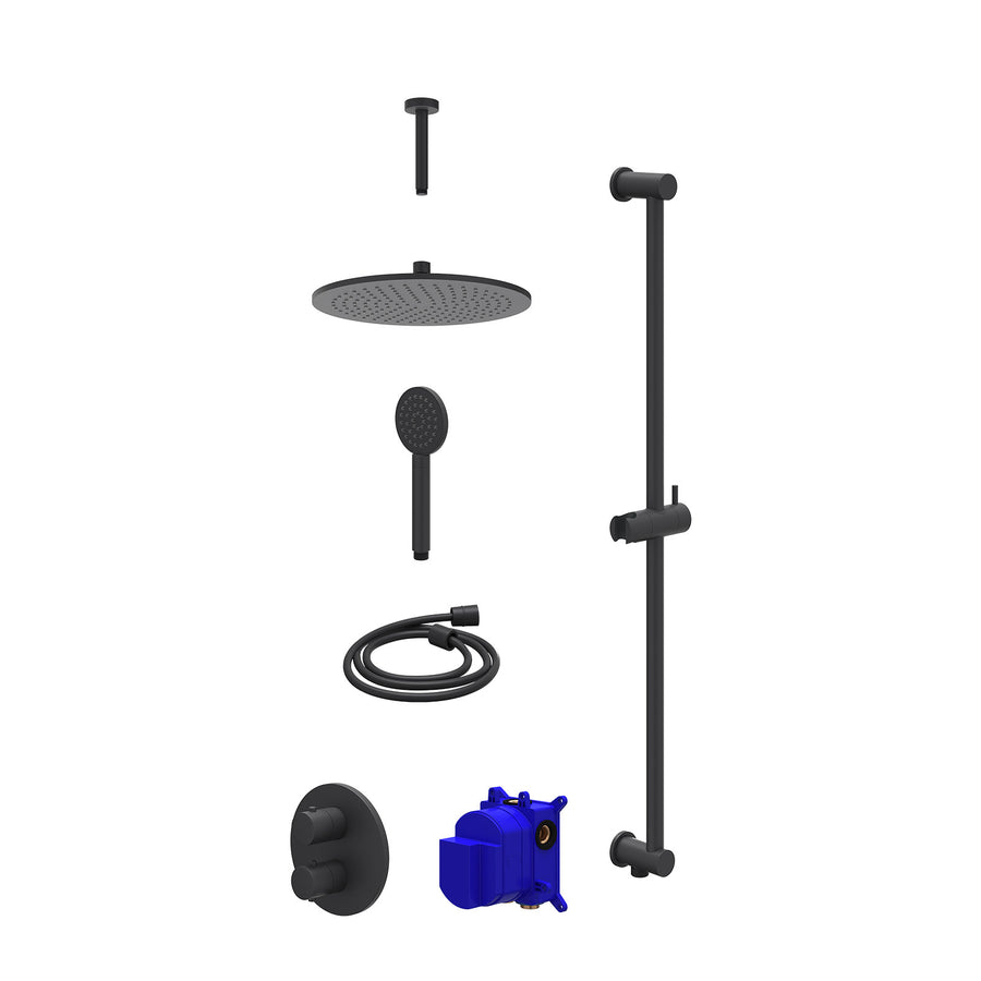 IVY Regendoucheset inbouwthermostaatkraan met 2-weg stop-omstel, plafondbuis 15cm, R30cmME, glijstang met uitlaat, doucheslang 150cm en satin spray handdouche – Mat zwart PED