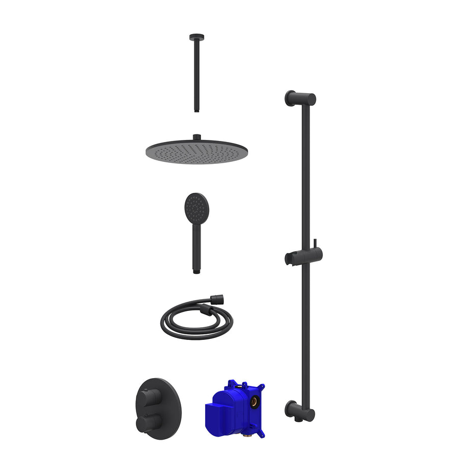 IVY Regendoucheset inbouwthermostaatkraan met 2-weg stop-omstel, plafondbuis 30cm, R30cmME, glijstang met uitlaat, doucheslang 150cm en satin spray handdouche – Mat zwart PED