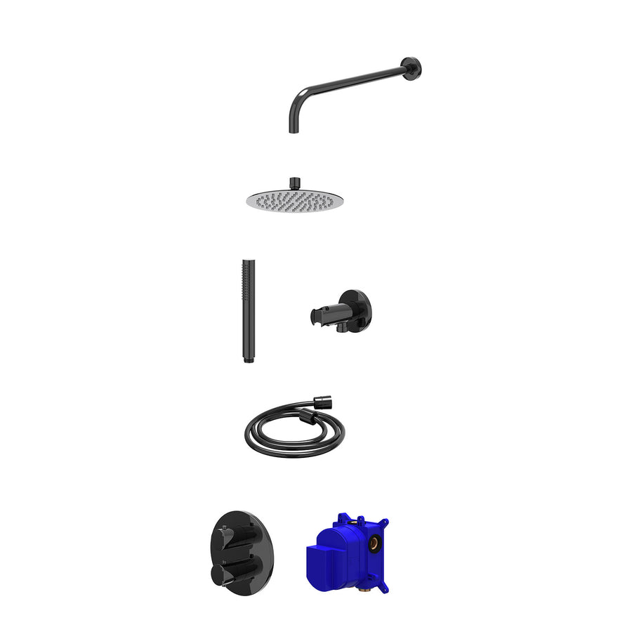 IVY Regendoucheset inbouwthermostaatkraan met 2-weg stop-omstel, wandarm, R20cmSL, houder met uitlaat, doucheslang 150cm en staafmodel – Zwart chroom PVD
