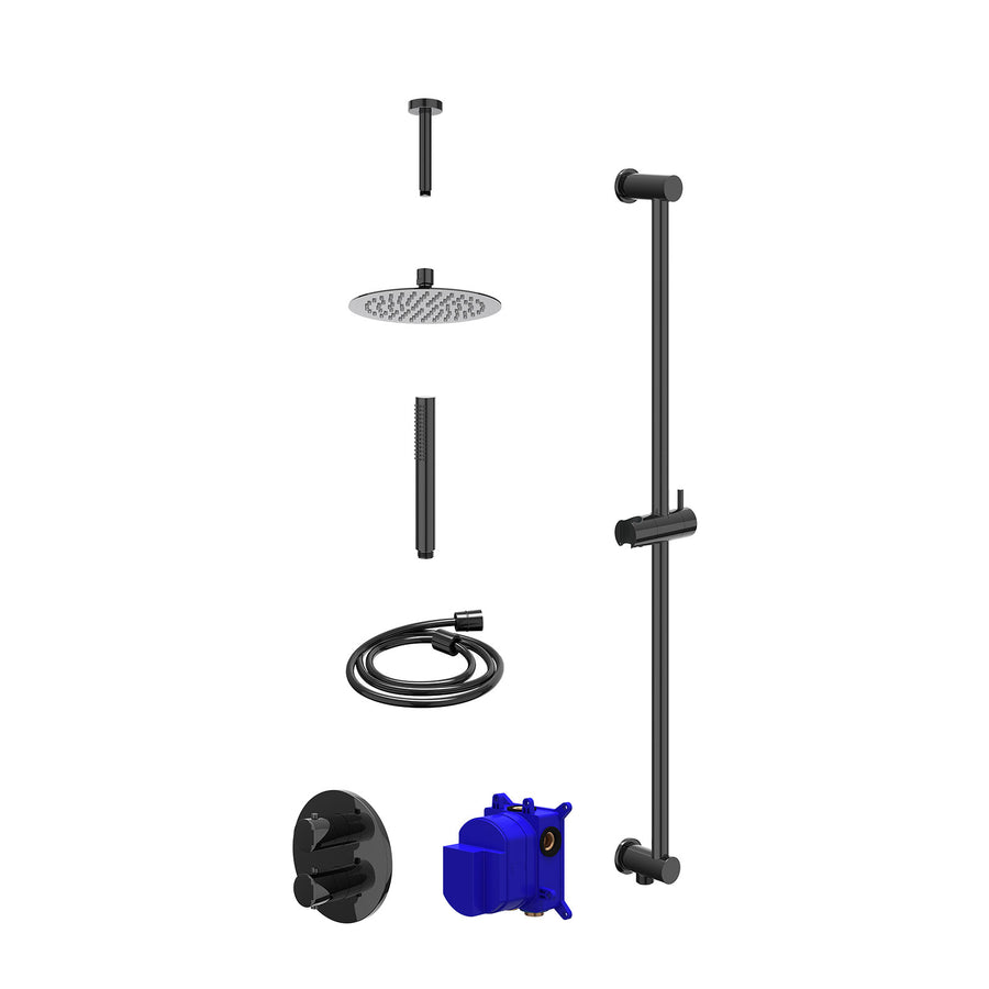 IVY Regendoucheset inbouwthermostaatkraan met 2-weg stop-omstel, plafondbuis 15cm, R20cmSL, glijstang met uitlaat, doucheslang 150cm en staafmodel – Zwart chroom PVD