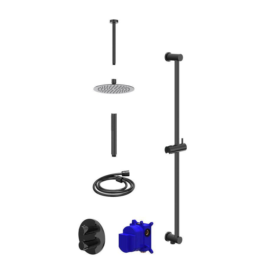 IVY Regendoucheset inbouwthermostaatkraan met 2-weg stop-omstel, plafondbuis 30cm, R20cmSL, glijstang met uitlaat, doucheslang 150cm en staafmodel – Zwart chroom PVD