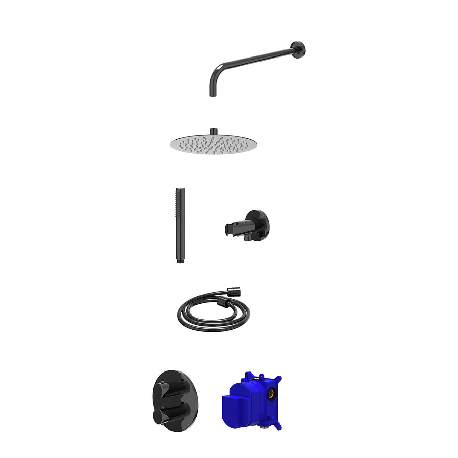 IVY Regendoucheset inbouwthermostaatkraan met 2-weg stop-omstel, wandarm, R25cmSL, houder met uitlaat, doucheslang 150cm en staafmodel – Zwart chroom PVD
