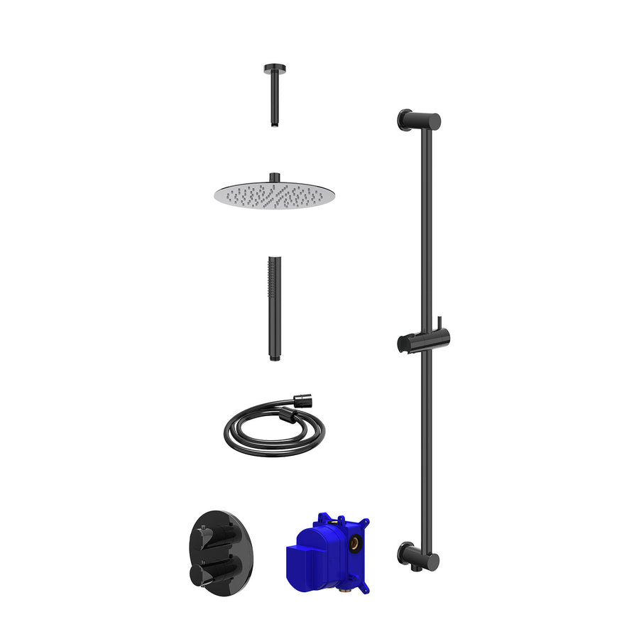 IVY Regendoucheset inbouwthermostaatkraan met 2-weg stop-omstel, plafondbuis 15cm, R25cmSL, glijstang met uitlaat, doucheslang 150cm en staafmodel – Zwart chroom PVD