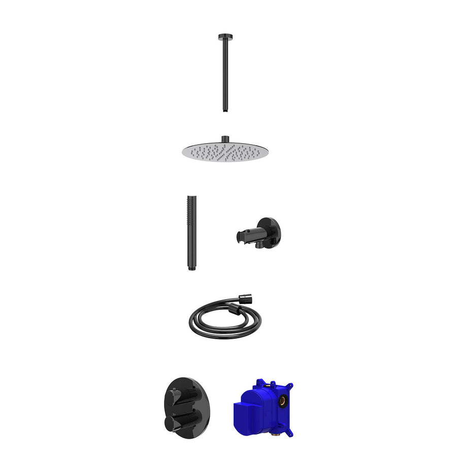 IVY Regendoucheset inbouwthermostaatkraan met 2-weg stop-omstel, plafondbuis 30cm, R25cmSL, houder met uitlaat, doucheslang 150cm en staafmodel – Zwart chroom PVD