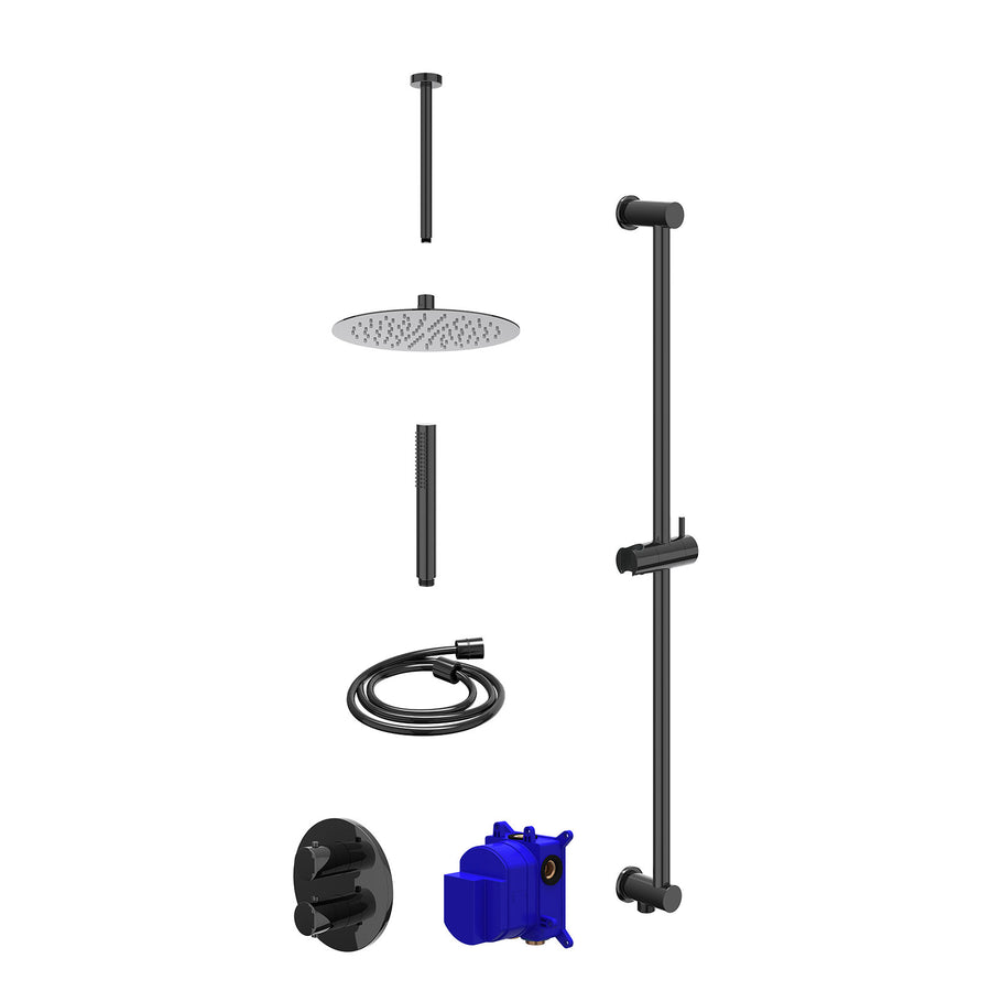 IVY Regendoucheset inbouwthermostaatkraan met 2-weg stop-omstel, plafondbuis 30cm, R25cmSL, glijstang met uitlaat, doucheslang 150cm en staafmodel – Zwart chroom PVD