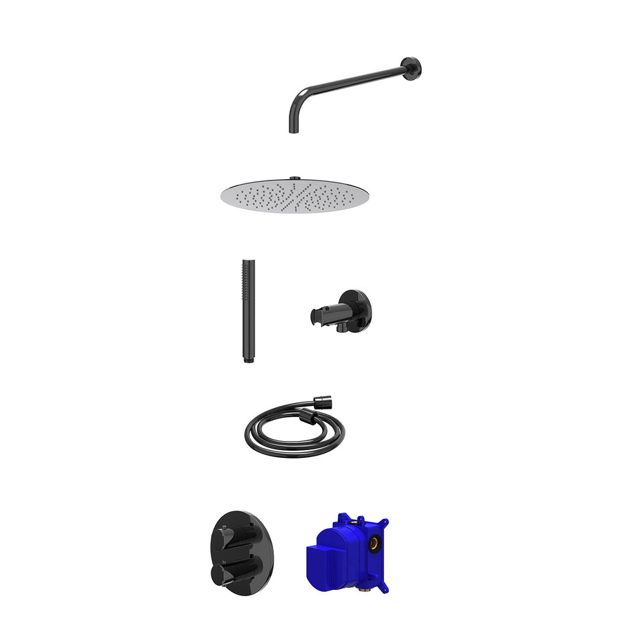 IVY Regendoucheset inbouwthermostaatkraan met 2-weg stop-omstel, wandarm, R30cmSL, houder met uitlaat, doucheslang 150cm en staafmodel – Zwart chroom PVD