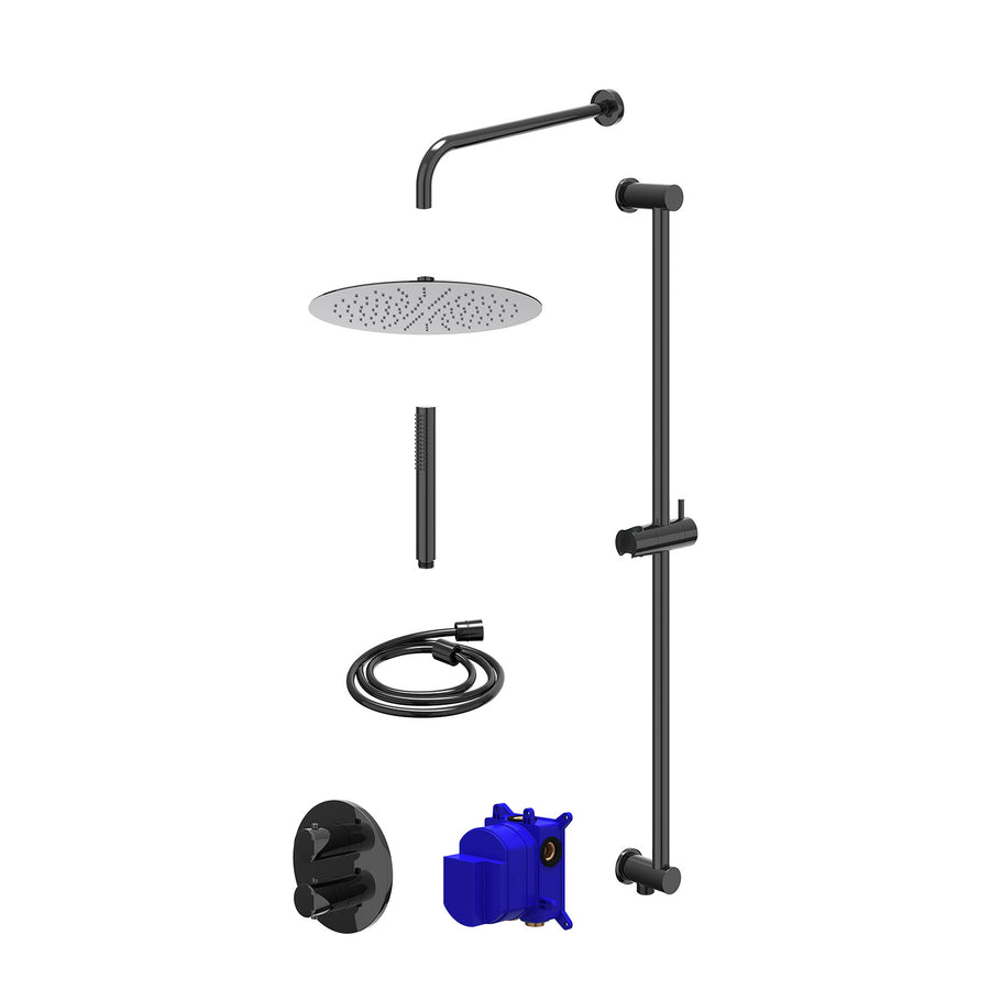IVY Regendoucheset inbouwthermostaatkraan met 2-weg stop-omstel, wandarm, R30cmSL, glijstang met uitlaat, doucheslang 150cm en staafmodel – Zwart chroom PVD
