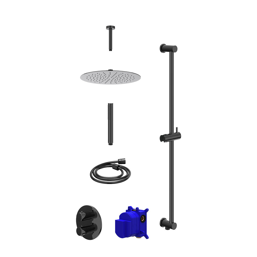 IVY Regendoucheset inbouwthermostaatkraan met 2-weg stop-omstel, plafondbuis 15cm, R30cmSL, glijstang met uitlaat, doucheslang 150cm en staafmodel – Zwart chroom PVD