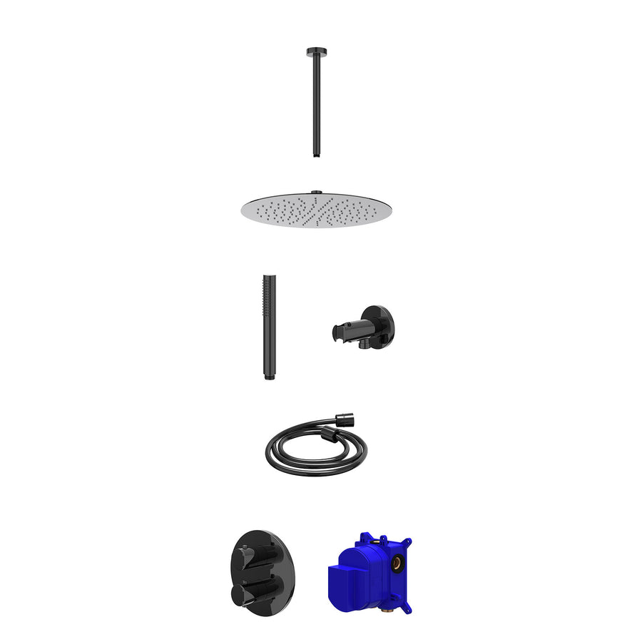 IVY Regendoucheset inbouwthermostaatkraan met 2-weg stop-omstel, plafondbuis 30cm, R30cmSL, houder met uitlaat, doucheslang 150cm en staafmodel – Zwart chroom PVD