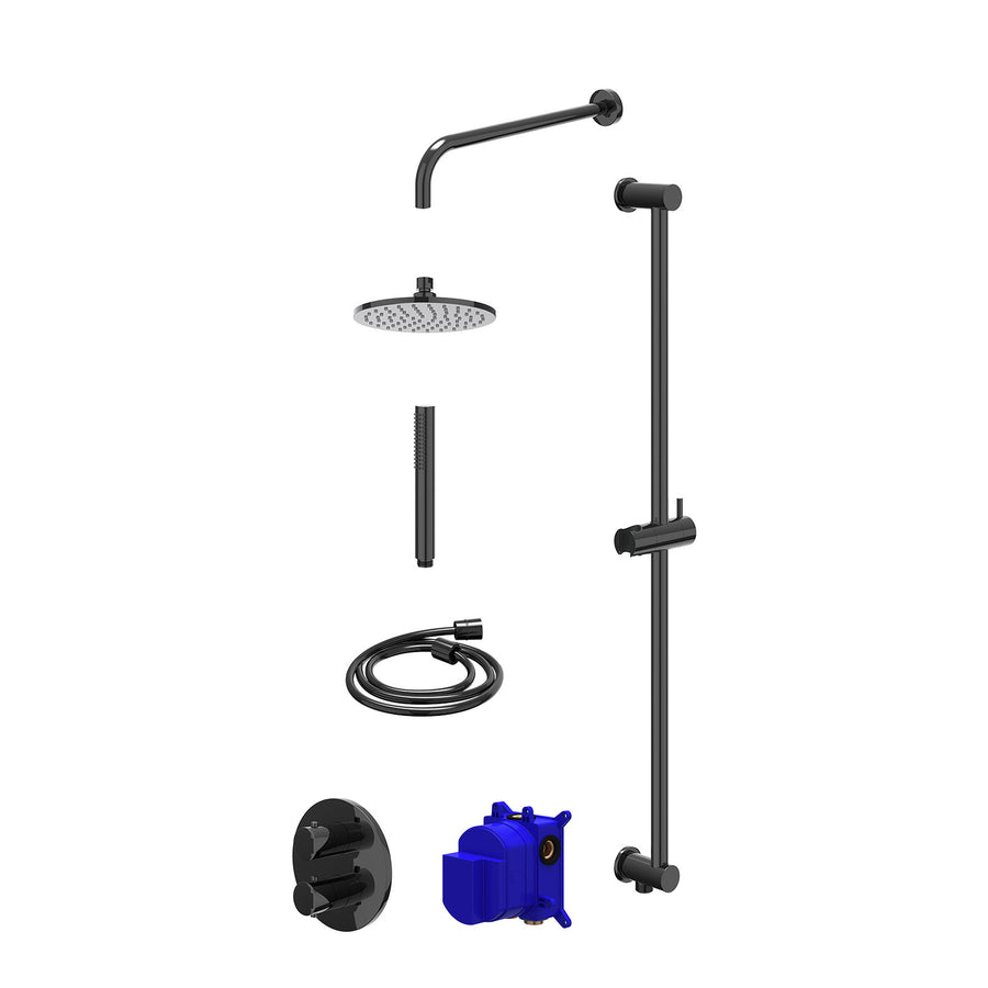 IVY Regendoucheset inbouwthermostaatkraan met 2-weg stop-omstel, wandarm, R20cmME, glijstang met uitlaat, doucheslang 150cm en staafmodel – Zwart chroom PVD