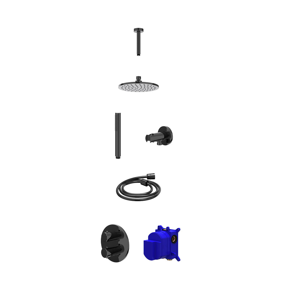 IVY Regendoucheset inbouwthermostaatkraan met 2-weg stop-omstel, plafondbuis 15cm, R20cmME, houder met uitlaat, doucheslang 150cm en staafmodel – Zwart chroom PVD