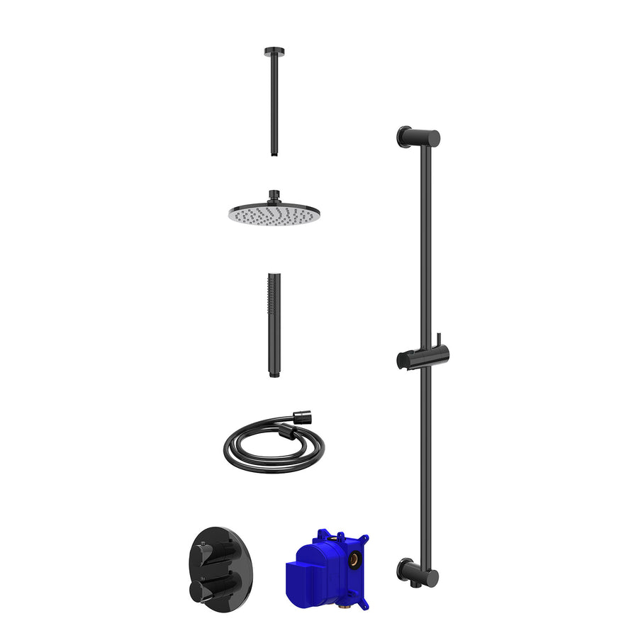 IVY Regendoucheset inbouwthermostaatkraan met 2-weg stop-omstel, plafondbuis 30cm, R20cmME, glijstang met uitlaat, doucheslang 150cm en staafmodel – Zwart chroom PVD