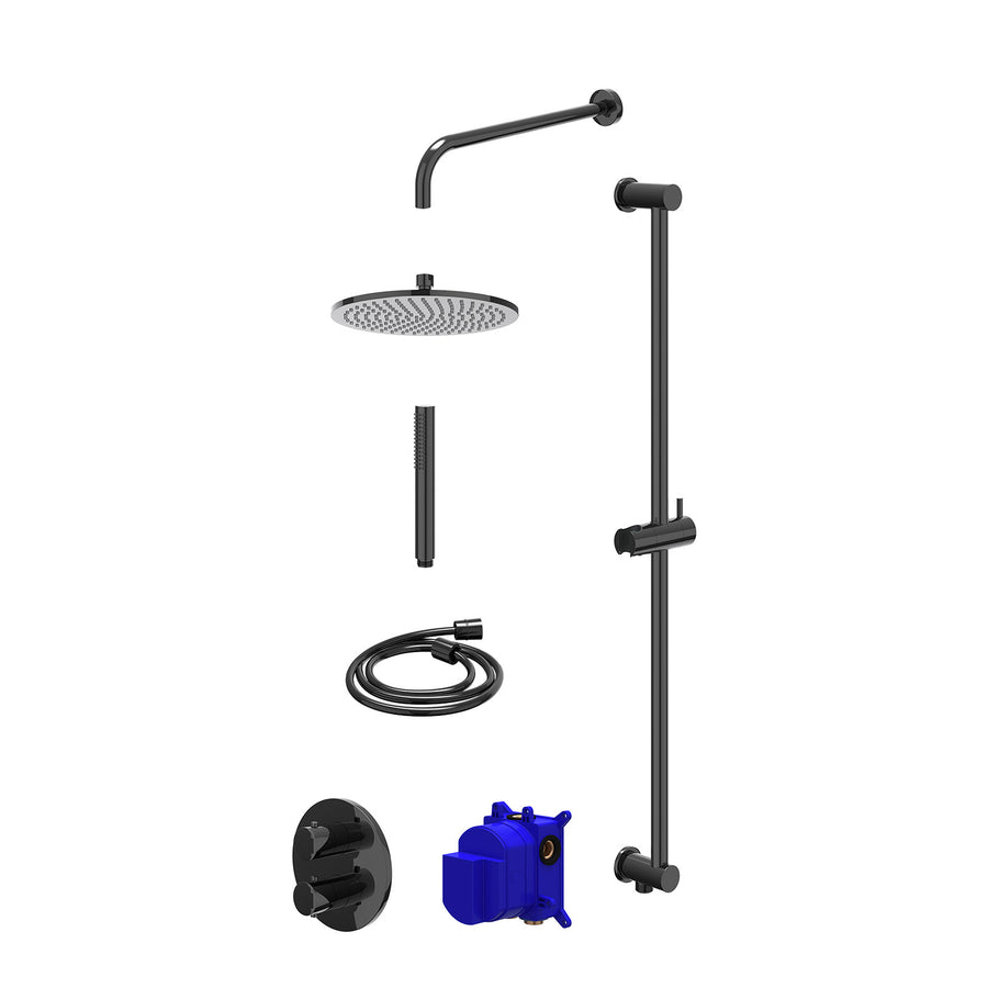 IVY Regendoucheset inbouwthermostaatkraan met 2-weg stop-omstel, wandarm, R25cmME, glijstang met uitlaat, doucheslang 150cm en staafmodel – Zwart chroom PVD
