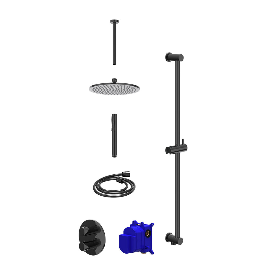 IVY Regendoucheset inbouwthermostaatkraan met 2-weg stop-omstel, plafondbuis 30cm, R25cmME, glijstang met uitlaat, doucheslang 150cm en staafmodel – Zwart chroom PVD