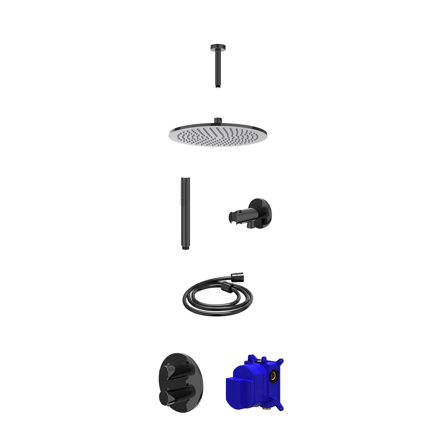 IVY Regendoucheset inbouwthermostaatkraan met 2-weg stop-omstel, plafondbuis 15cm, R30cmME, houder met uitlaat, doucheslang 150cm en staafmodel – Zwart chroom PVD