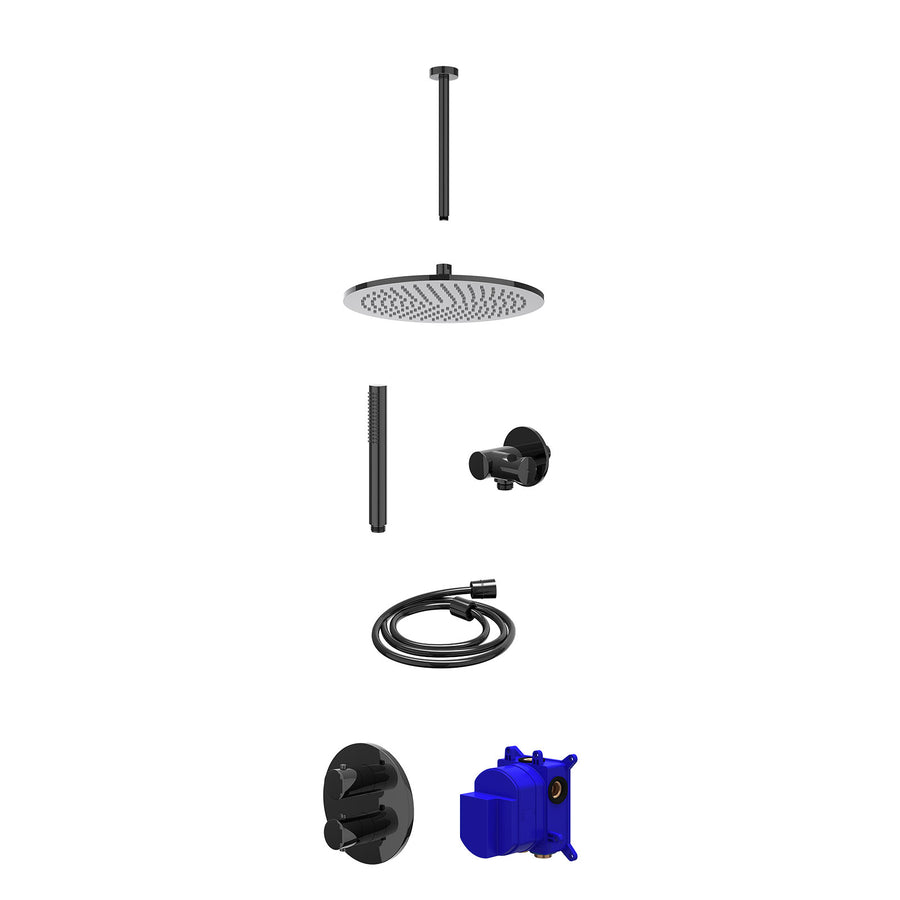 IVY Regendoucheset inbouwthermostaatkraan met 2-weg stop-omstel, plafondbuis 30cm, R30cmME, verstelbare steun met geïnt. uitlaat, doucheslang 150cm en staafmodel – Zwart chroom PVD