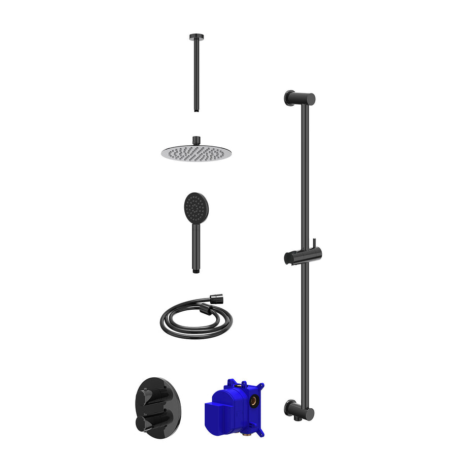 IVY Regendoucheset inbouwthermostaatkraan met 2-weg stop-omstel, plafondbuis 30cm, R20cmSL, glijstang met uitlaat, doucheslang 150cm en satin spray handdouche – Zwart chroom PVD