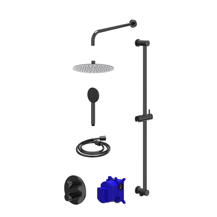 IVY Regendoucheset inbouwthermostaatkraan met 2-weg stop-omstel, wandarm, R25cmSL, glijstang met uitlaat, doucheslang 150cm en satin spray handdouche – Zwart chroom PVD