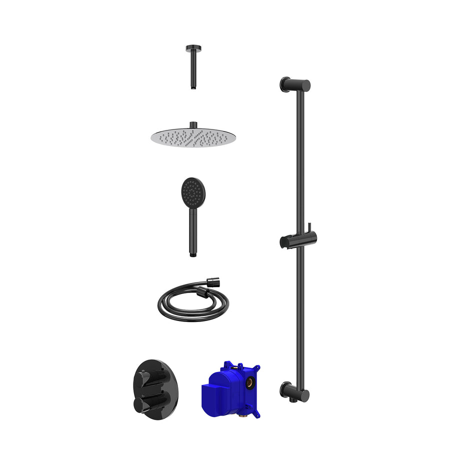 IVY Regendoucheset inbouwthermostaatkraan met 2-weg stop-omstel, plafondbuis 15cm, R25cmSL, glijstang met uitlaat, doucheslang 150cm en satin spray handdouche – Zwart chroom PVD