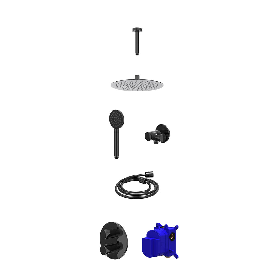 IVY Regendoucheset inbouwthermostaatkraan met 2-weg stop-omstel, plafondbuis 15cm, R25cmSL, verstelbare steun met geïnt. uitlaat, doucheslang 150cm en satin spray handdouche – Zwar