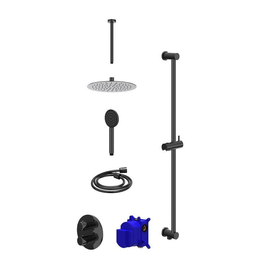 IVY Regendoucheset inbouwthermostaatkraan met 2-weg stop-omstel, plafondbuis 30cm, R25cmSL, glijstang met uitlaat, doucheslang 150cm en satin spray handdouche – Zwart chroom PVD