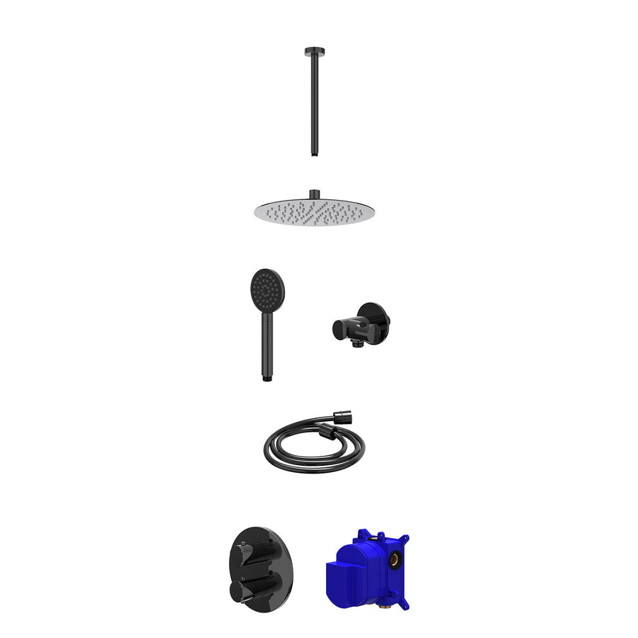 IVY Regendoucheset inbouwthermostaatkraan met 2-weg stop-omstel, plafondbuis 30cm, R25cmSL, verstelbare steun met geïnt. uitlaat, doucheslang 150cm en satin spray handdouche – Zwar