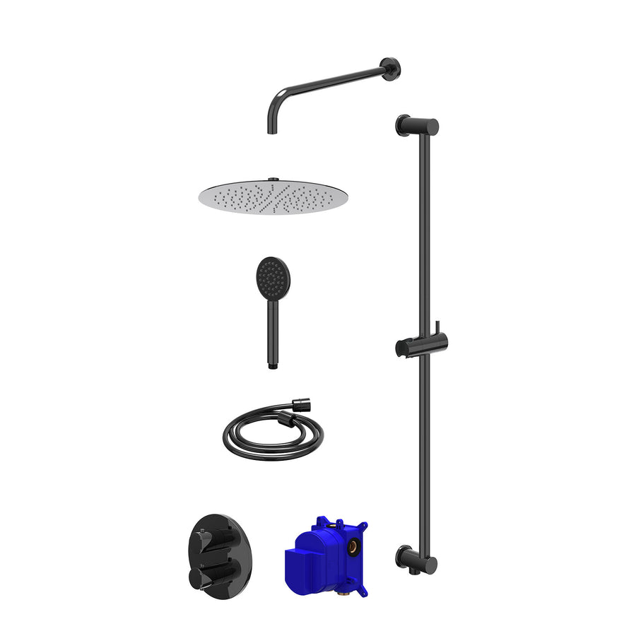 IVY Regendoucheset inbouwthermostaatkraan met 2-weg stop-omstel, wandarm, R30cmSL, glijstang met uitlaat, doucheslang 150cm en satin spray handdouche – Zwart chroom PVD