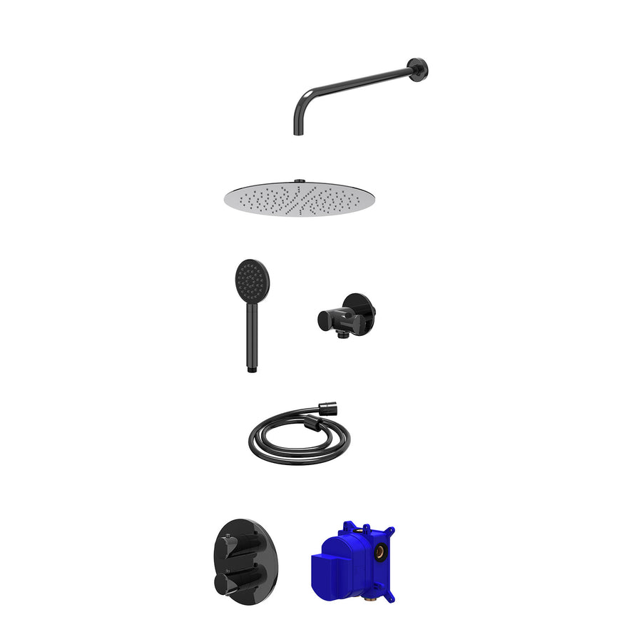 IVY Regendoucheset inbouwthermostaatkraan met 2-weg stop-omstel, wandarm, R30cmSL, verstelbare steun met geïnt. uitlaat, doucheslang 150cm en satin spray handdouche – Zwart chroom 